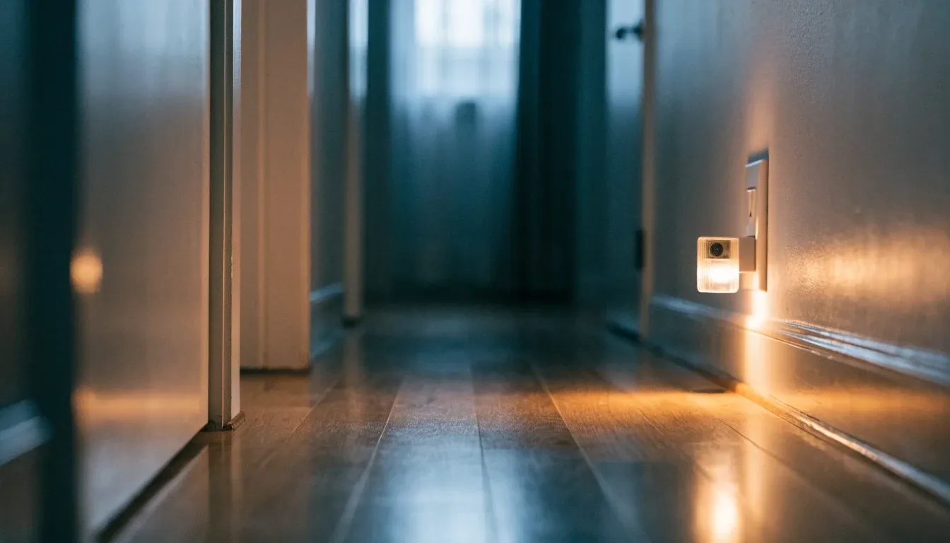 A plug-in night light glowing at floor level in a hallway at dusk